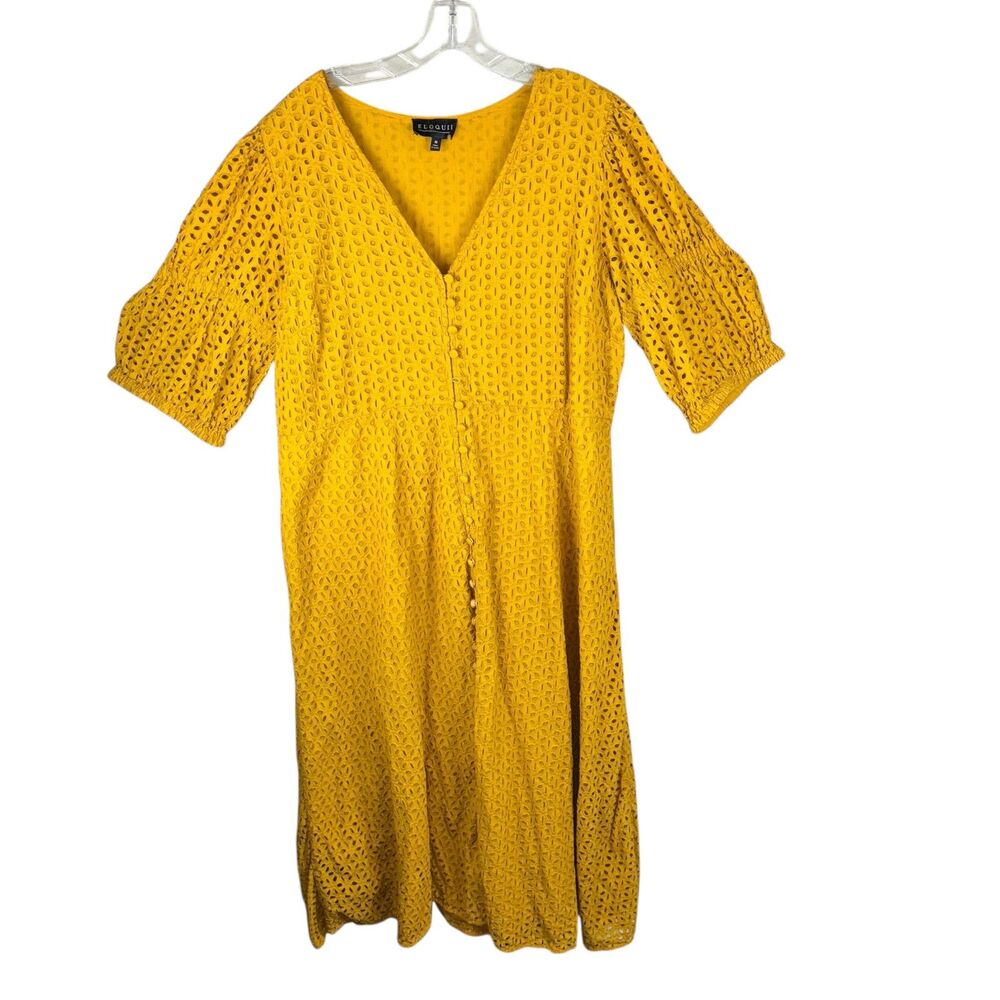 Eloquii Eyelet Midi Dress‎ Womens 16 Yellow Puff Short Sleeve